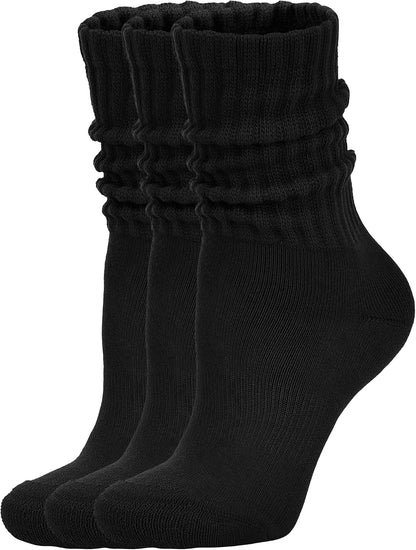 AugRing Women's Scrunch Crew Socks Retro 3-Pack Solid Cotton Boot Calf Chunky Ribbed Cozy Slouchy Socks Size 5-11