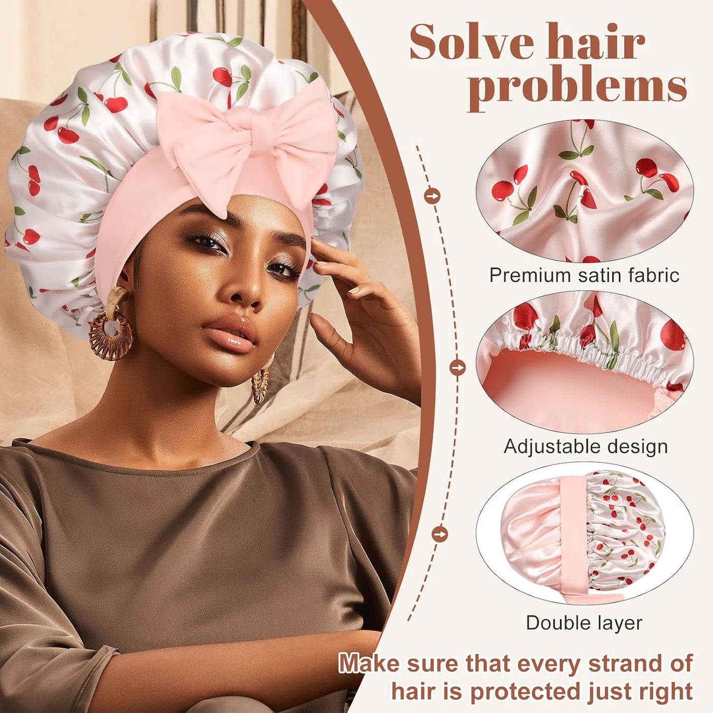 Satin Bonnet for Sleeping Cap Double Layer Hair Bonnet with Elastic Tie Band for Curly Hair Night Cap (Bean Paste + Pink)