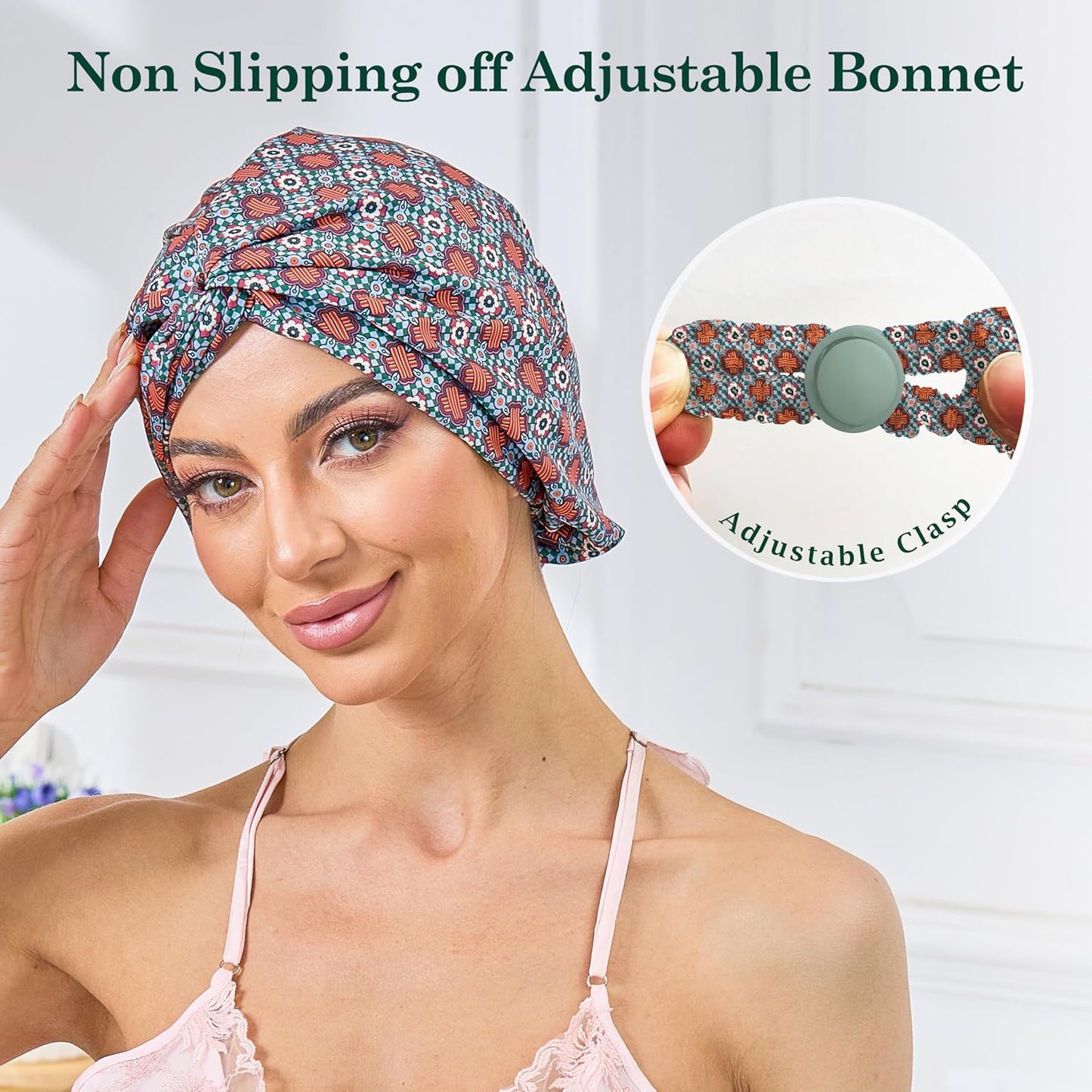 Adjustable Silk Satin Bonnet for Sleeping Hair Wrap, Double Layer Sleep Cap, Night Turban for Large Long Curly Braid Women Men Hair - Matcha Green
