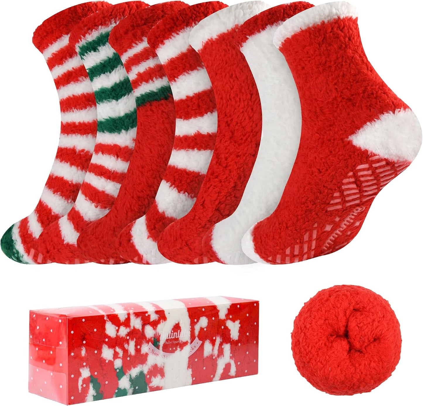 Bulinlulu Fuzzy Socks with Grips Plush Sleep Cozy Winter Soft Hospital Fluffy Socks for Womens Mens Gifts