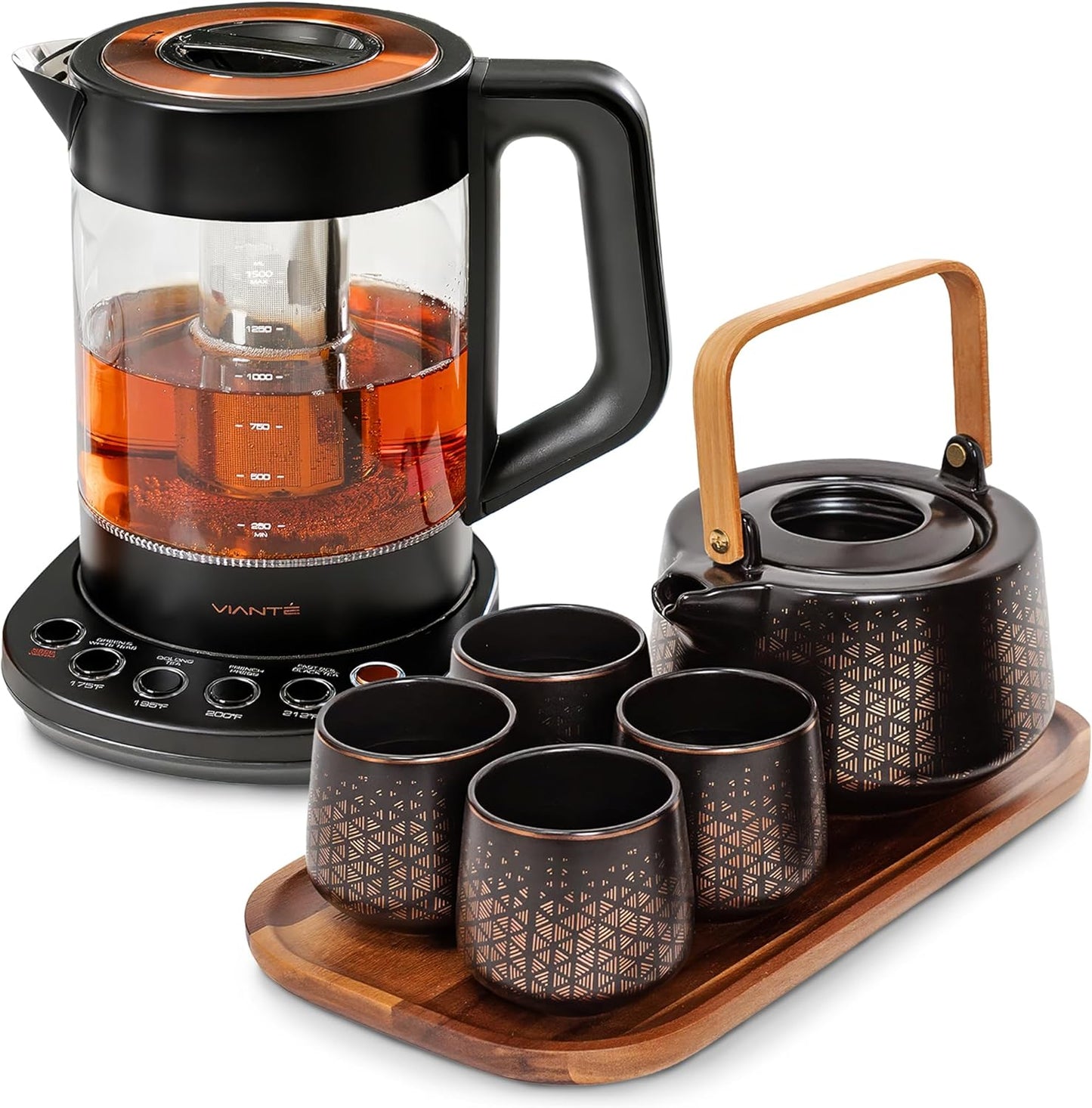 Viante Alba Electric Tea Kettle with Infuser, No Plastic In Contact With Water, 1.5L Borosilicate Glass, 304 Stainless Steel, 4 Temperature Presets, Keep Warm, Cordless, Auto Shut-Off