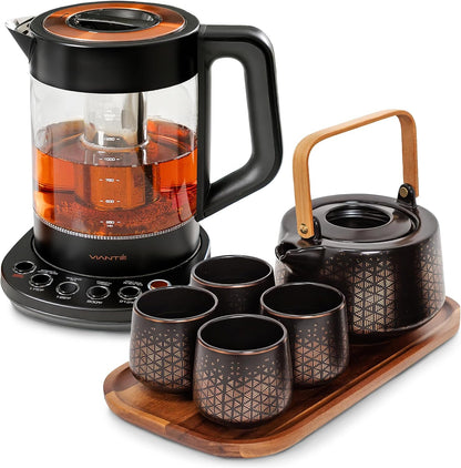 Viante Alba Electric Tea Kettle with Infuser, No Plastic In Contact With Water, 1.5L Borosilicate Glass, 304 Stainless Steel, 4 Temperature Presets, Keep Warm, Cordless, Auto Shut-Off