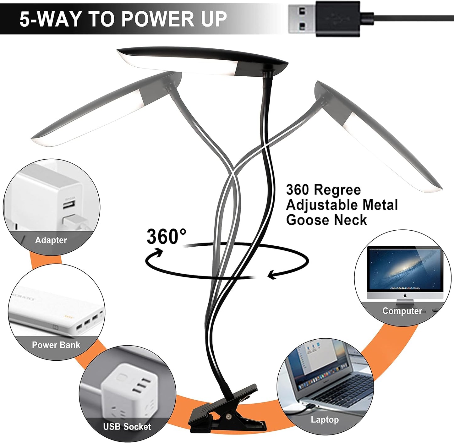 LiFMIRA Clip on Light USB Reading Light Desk Lamp 3 Color Modes Black