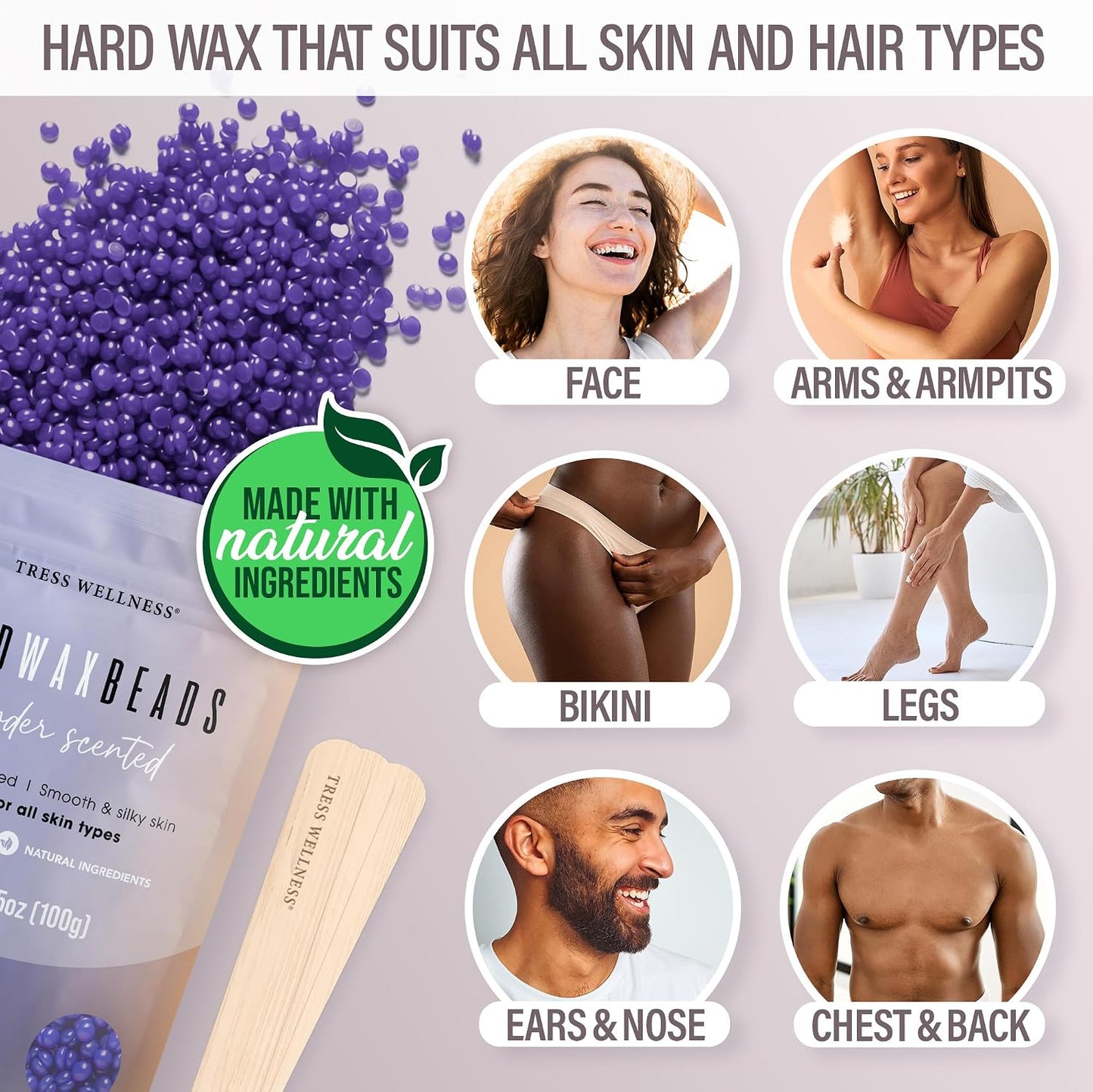 Tress Wellness Award Winning Waxing Kit for Sensitive Skin, Safe for Face & Skin, Easy to Use, At-Home Kit for Face, Bikini, Brazilian & Full Body - Digital Display, Black Purple Flower