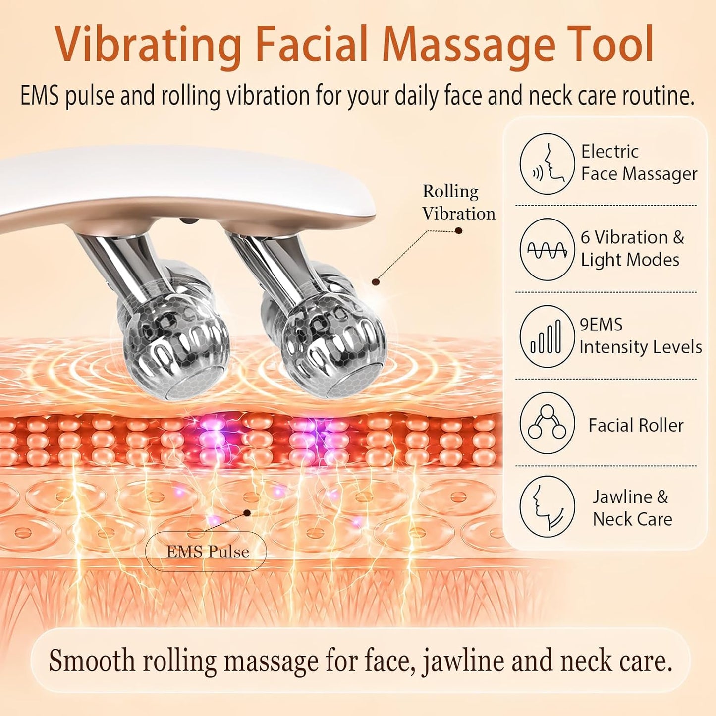 Wireless Face Massager Tool, 8-Roller 3D Face Roller for Women, LED Facial Massager,V-Shape Face Sculpting Tool for Jawline, 6 Light & Vibration Modes, USB-C Rechargeable