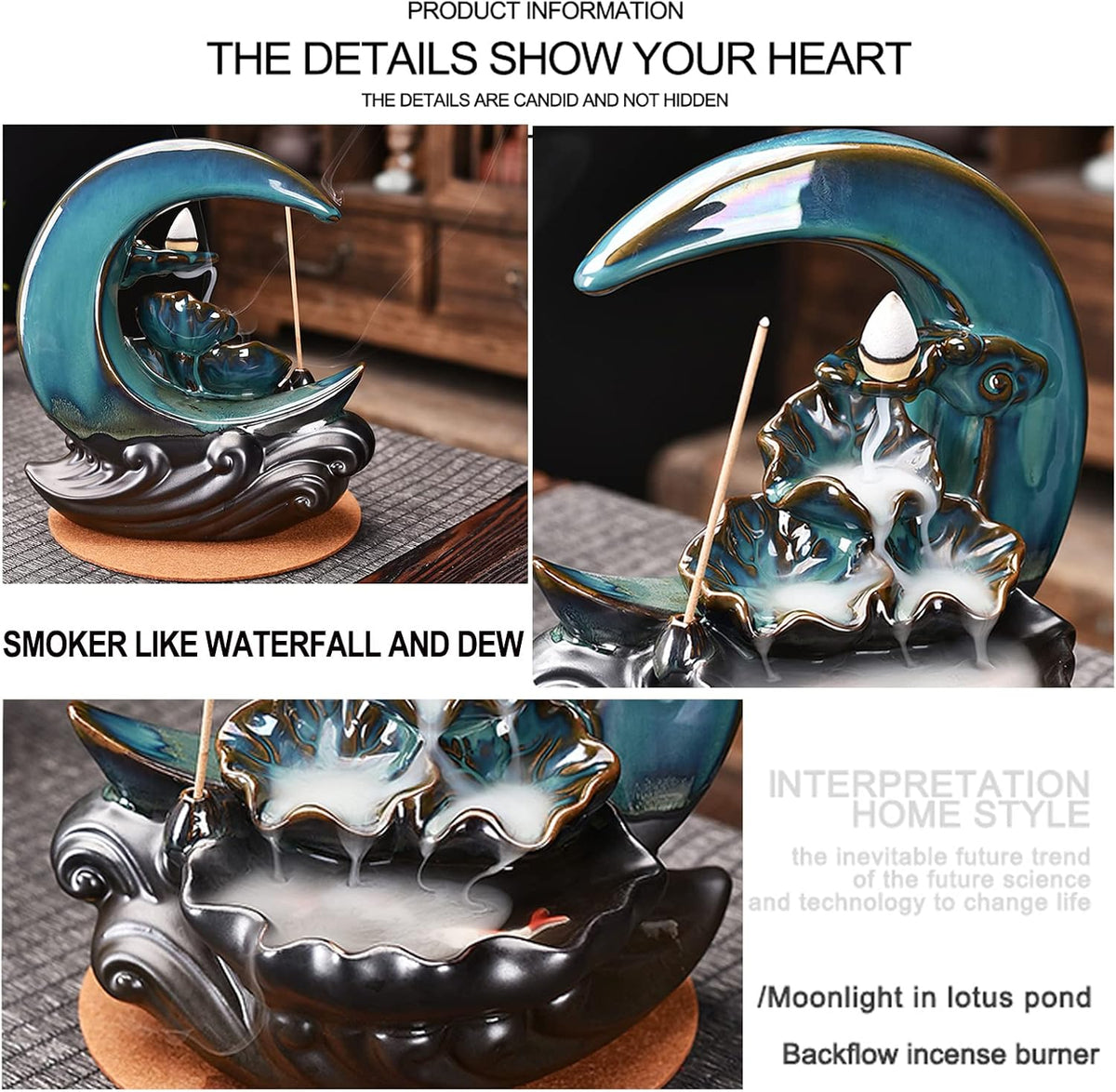 New Moon Backflow Incense Holder, Ceramic Hand-Made Incense Fountain Burner with 100 Backflow Incense Cones，Fragrance Incense Stick，Mat，Aromatherapy Home Decoration