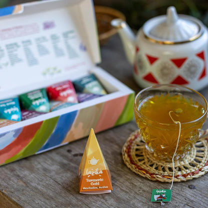 Lazika Tea Sampler with Premium Presentation Box, 10 Counts, Mothers Day Gifts, 2 of Each Blend Individually Wrapped, Black, Green and Herbal Tea Variety Gift Set, Collection with Pyramid Infuser Bag