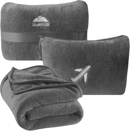 BlueHills Premium Soft Plush Mini Travel Blanket Pillow Plane 2 in 1 Gray