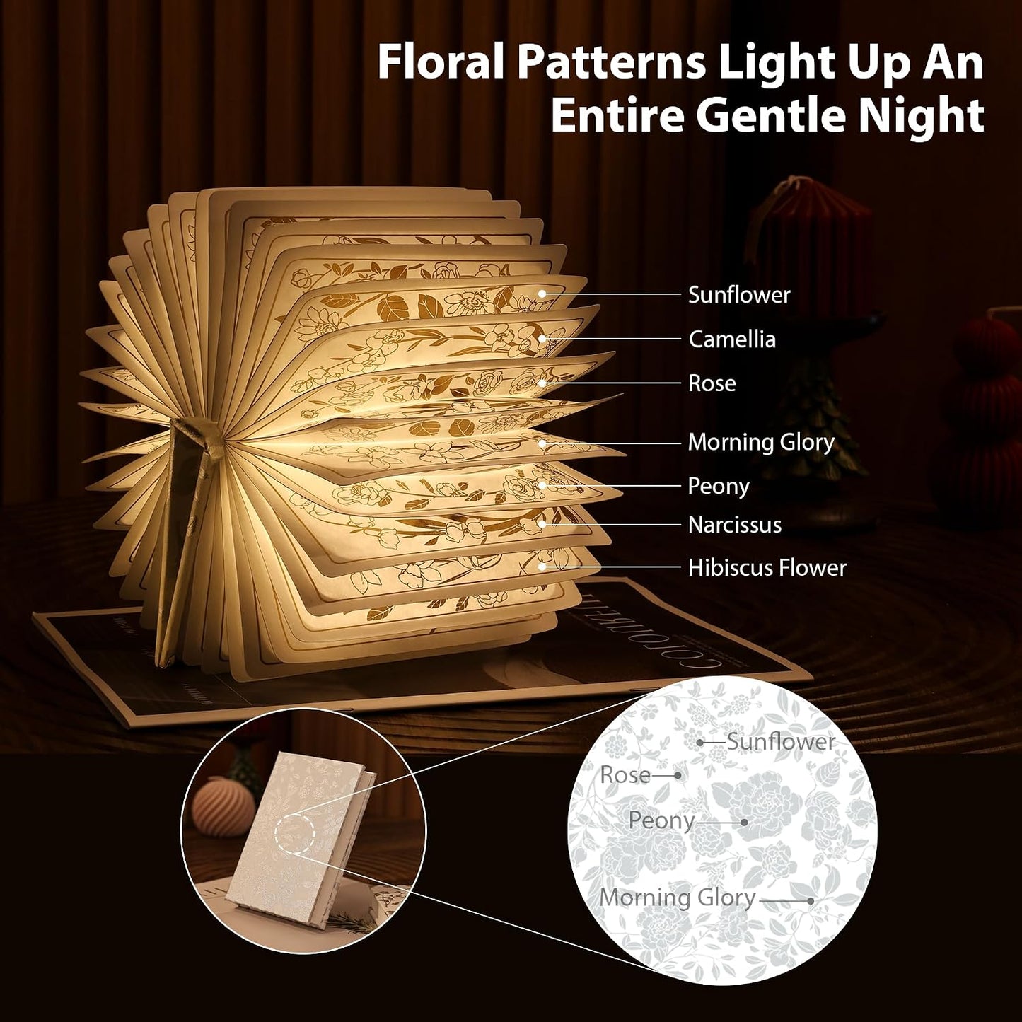 Book Lover Gift, Folding Book Lamp Decor, Portable Print Book Light | 1200mAh Rechargeable Night Light, Paper Desk Lamp, Reading Bookshelf Lamp, Gift for Women & Readers & Christmas (Black）