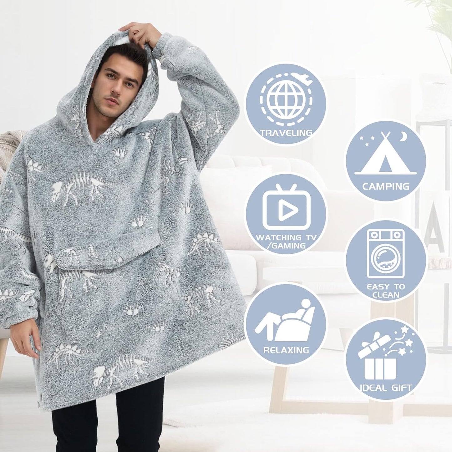 Mewkou Wearable Blanket Hoodie for Adult,Oversized Sherpa Fleece Blanket Hoodie for Women Men,Grey