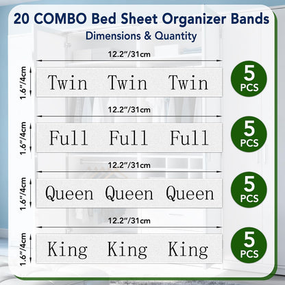 20 Pack Elastic Bed Sheet Organizer Bands with Size Labels，Elastic Bedding Band Labels for Organizing Bed Sheets with Assorted Sizes