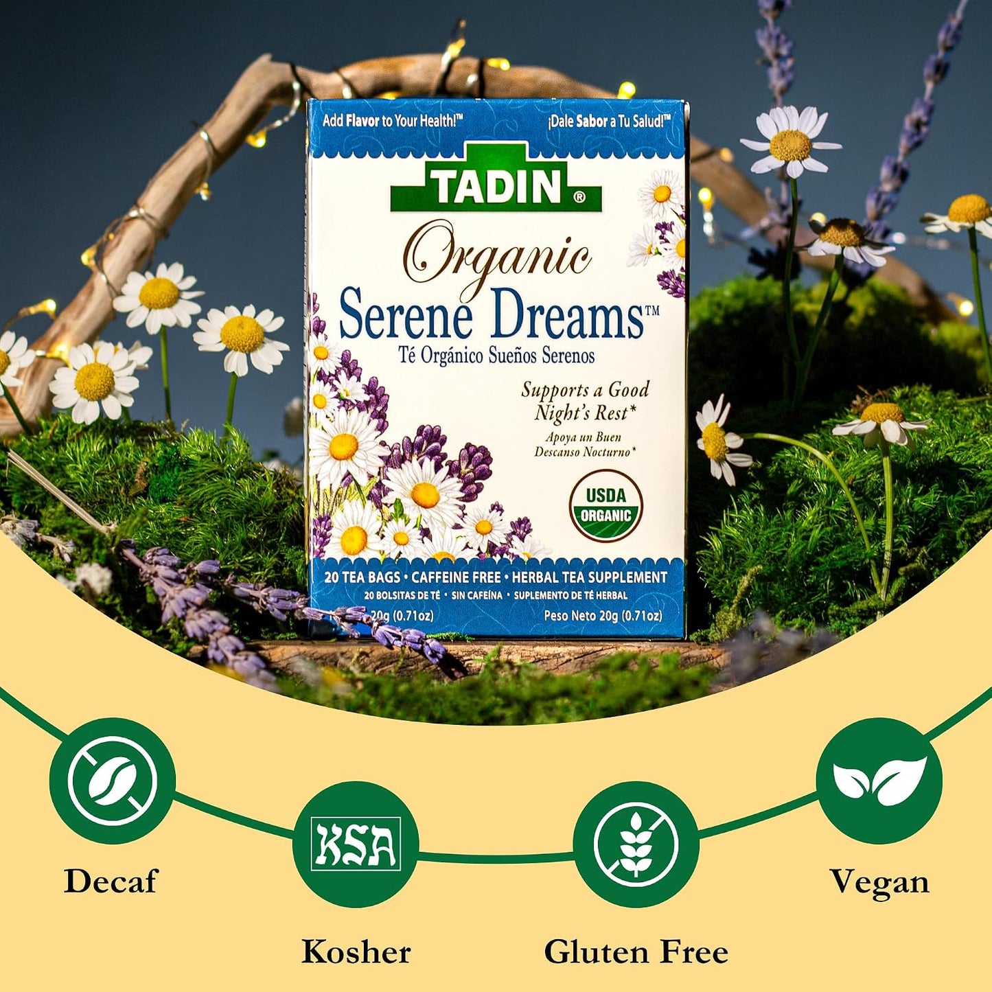 Tadin Organic Chamomile Lavender Tea, Caffeine Free Herbal Tea to Promote Serenity, 20 Tea Bags Per Box, Pack of 6