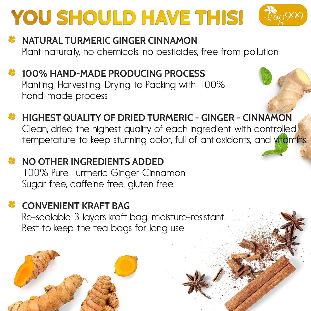 TOG999, 60 Bags Premium Turmeric Ginger Cinnamon Tea, Improve Digestion, Support Brain, Weight, Skin and Sleep, Eco-Conscious Tea Bags and Premium Natural Ingredients. Turmeric Ginger Herbal Tea. No Sugar, No Caffeine, No Gluten, Vegan.