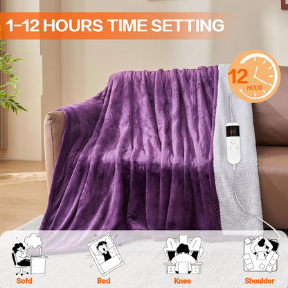 Electric Heated Blanket Throw Size 50''x60''-Control Heating Blanket, Soft & Warm Flannel 10-Level Temperature Control, 8 Hours Auto Off, Rapid Heating & Overheat Protection
