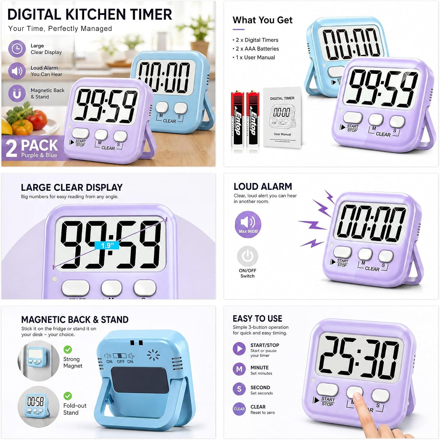 Antonki 2 Pack Digital Timer for Kids Classroom Kitchen Timers for Cooking