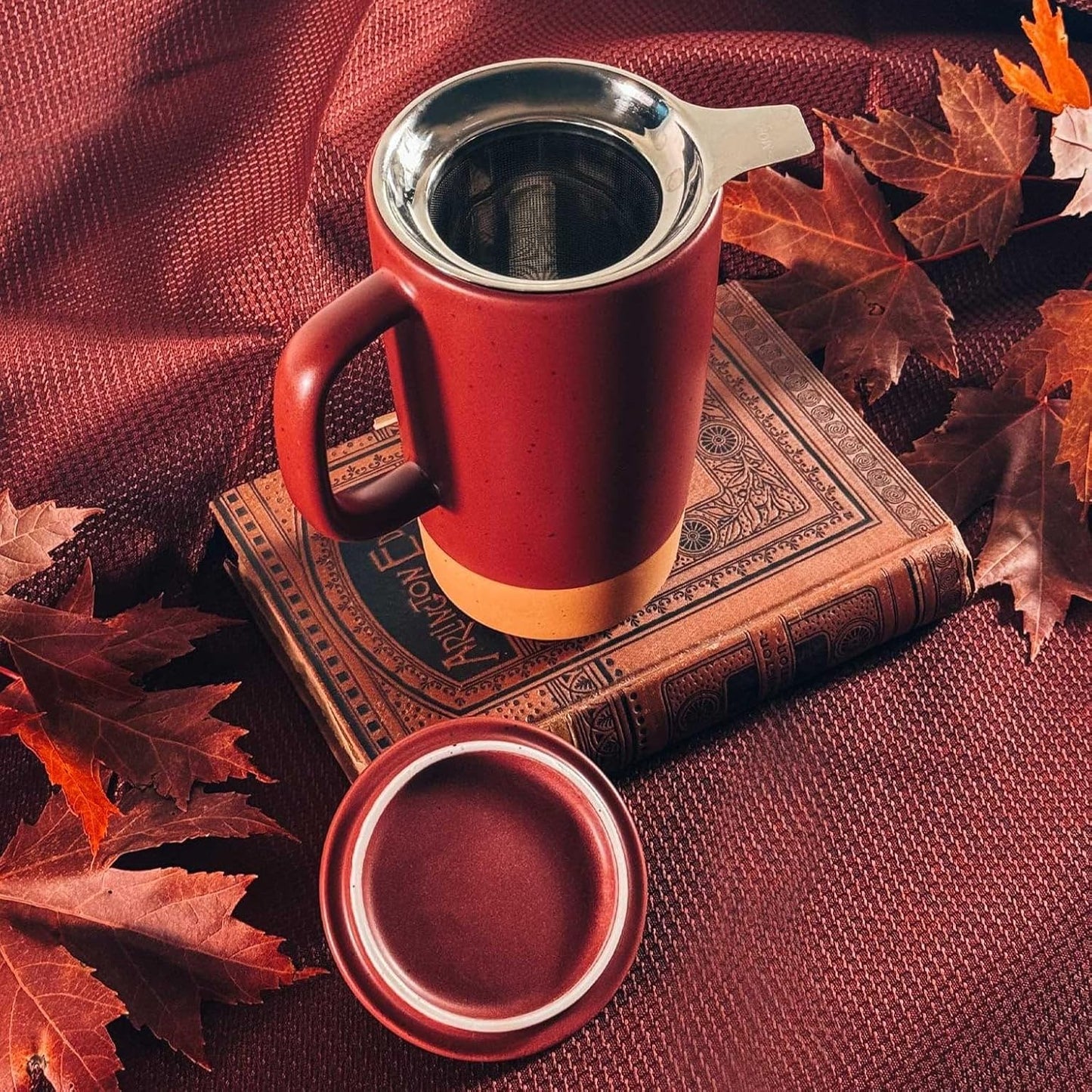 Mora Ceramics Large Tea Mug with Loose Leaf Infuser and Ceramic Lid, 18 oz, Portable, Microwave and Dishwasher Safe, Tall Coffee Cup - Rustic Matte Ceramic Glaze, Modern Herbal Tea Strainer, Olive