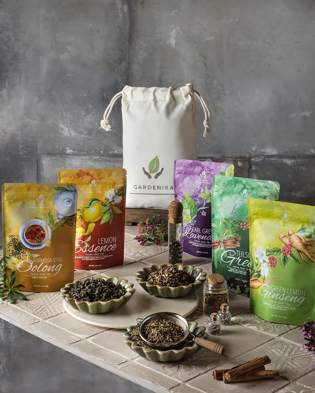 Gardenika Organic Loose Leaf Tea Sampler - Herbal Caffeine-Free Set - Ayurvedic Blend, KSA Kosher, No Natural or Artificial Flavors (5 Pack)