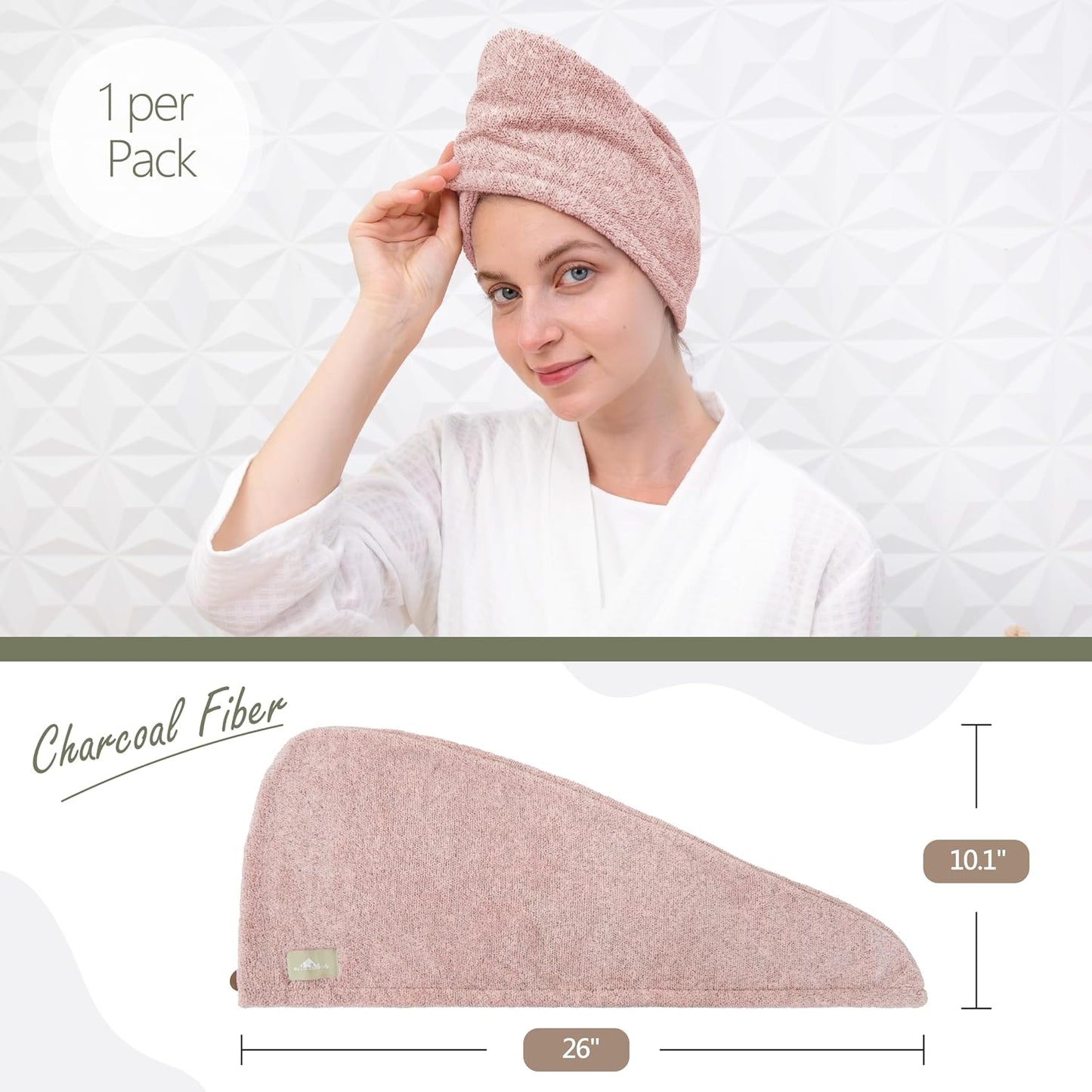 myHomeBody Hair Towel Wrap, Luxury Quick Drying Turban, Ultra Soft Absorbent Charcoal Fiber Cap, with Coconut Shell Button – Gray