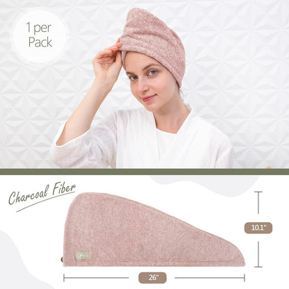 myHomeBody Hair Towel Wrap, Luxury Quick Drying Turban, Ultra Soft Absorbent Charcoal Fiber Cap, with Coconut Shell Button – Gray