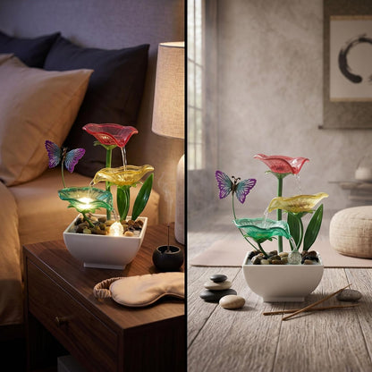 Tabletop Fountain,Indoor Water Fountain,Home Fengshui Décor Zen Relaxation Soothing Sound Machine for Office,Living Room,or Bedroom,Green Lotus,Hummingbird & Pink Flower