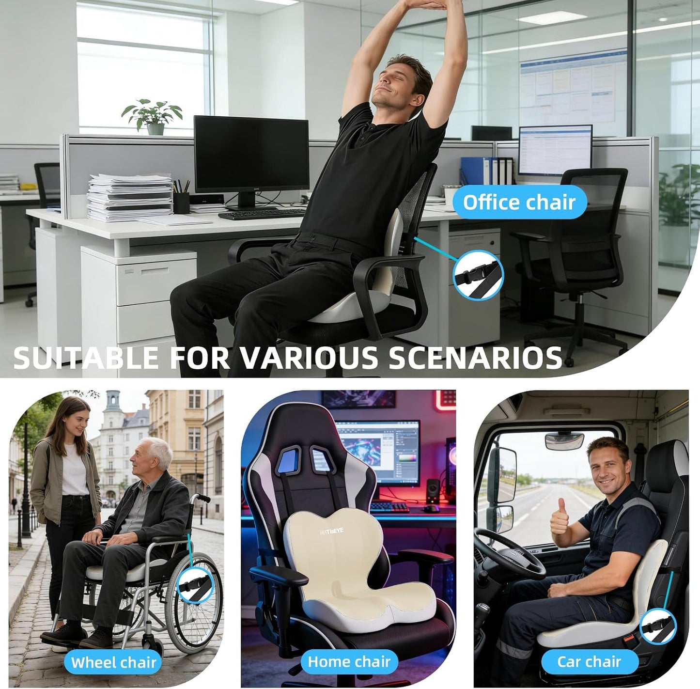 2026 Upgraded Orthopedic Memory Foam Seat Cushion with Adjustable Strap, Coccyx & Sciatica Pain Relief, Washable Non-Slip, Ergonomic Support for Office Chair, Car & Wheelchair (Dark Grey)