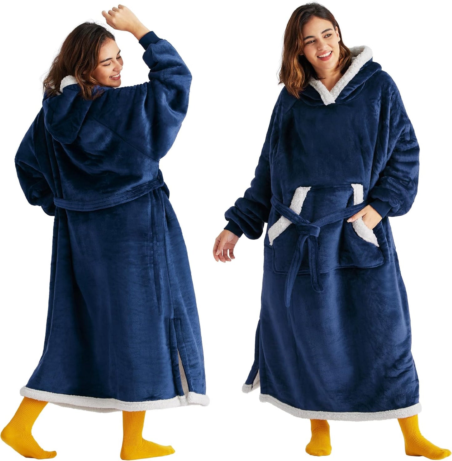 Bedsure Wearable Blanket Hoodie, Long Hooded Blanket Sweatshirt as Mothers Birthday Gifts for Women, Cozy Sherpa Hoodie for Adult, Standard, Grey