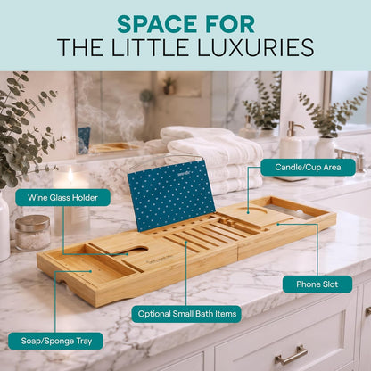 SereneLife 2 in 1 Bed and Bath Tray - Foldable Bamboo Bathtub Caddy with Adjustable Length, Non-Slip, Device Holder, Wine Glass Slot, Expandable for Comfortable Bathing, Natural, Folding Set