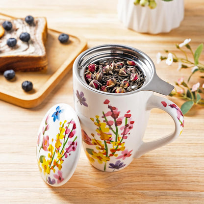GBhome Tea Mug with Infuser and Lid, 18 Ounce Large Ceramic Loose Leaf Cup, Microwave, Dishwasher Safe, Perfect for Tea Lovers