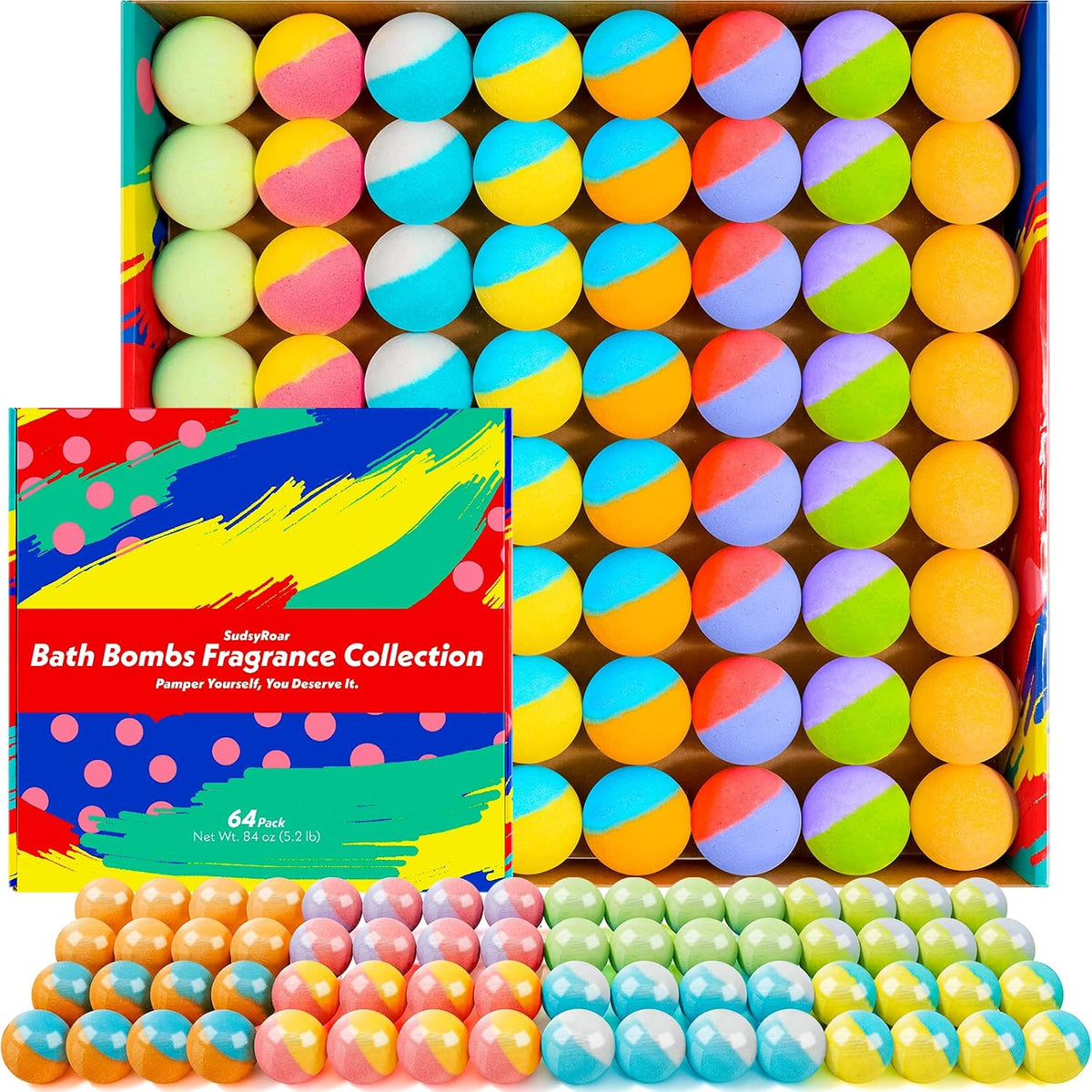 64 Pack Natural Bath Bombs Bulk Set, Christmas Stocking Stuffers for Women