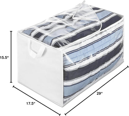 Whitmor Zippered Jumbo Storage Bag, Extra Large 34 Gallon (29"x17.5"x15.5"), Breathable Non-Woven Organizer with Clear Window, Big Moving Bag for Blankets, Clothing, Closet Organization, White