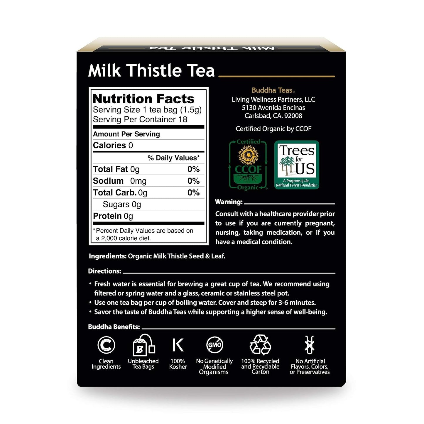 Buddha Teas - Organic Milk Thistle Tea - Herbal Tea - Single Ingredient - Mild, Earthy, Nutty Taste - Enjoy Hot or Cold - Caffeine Free - 100% Kosher & Non-GMO - 18 Tea Bags (Pack of 1)