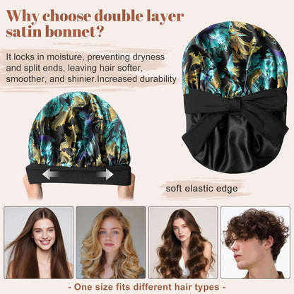 Satin Bonnet for Sleeping Cap Double Layer Hair Bonnet with Elastic Tie Band for Curly Hair Night Cap (Bean Paste + Pink)