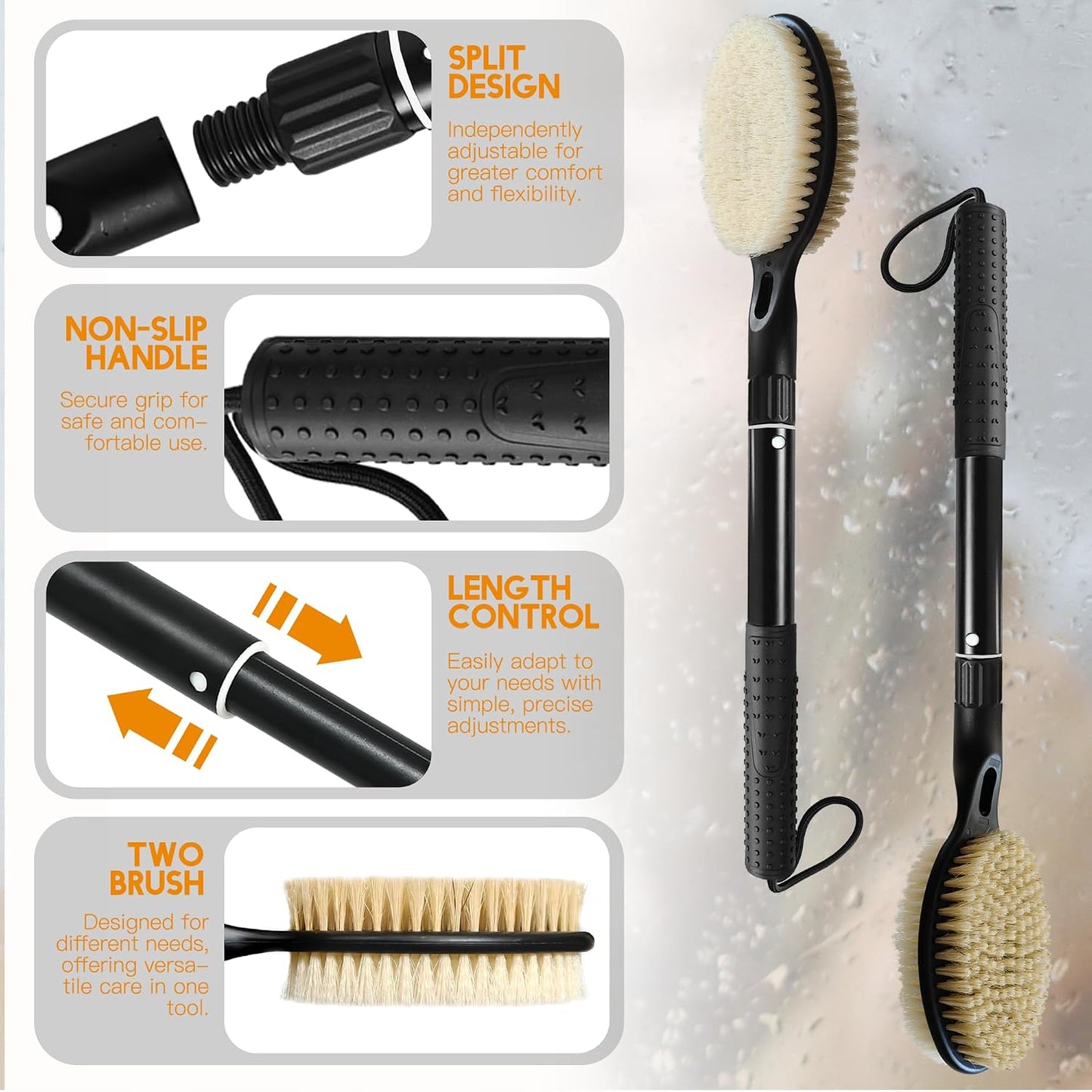 Gobiteli Back Scrubber with Soft and Stiff Bristles, 17''-25'' Long Handle Dual-Sided Shower Brush for Body for Deep Cleaning