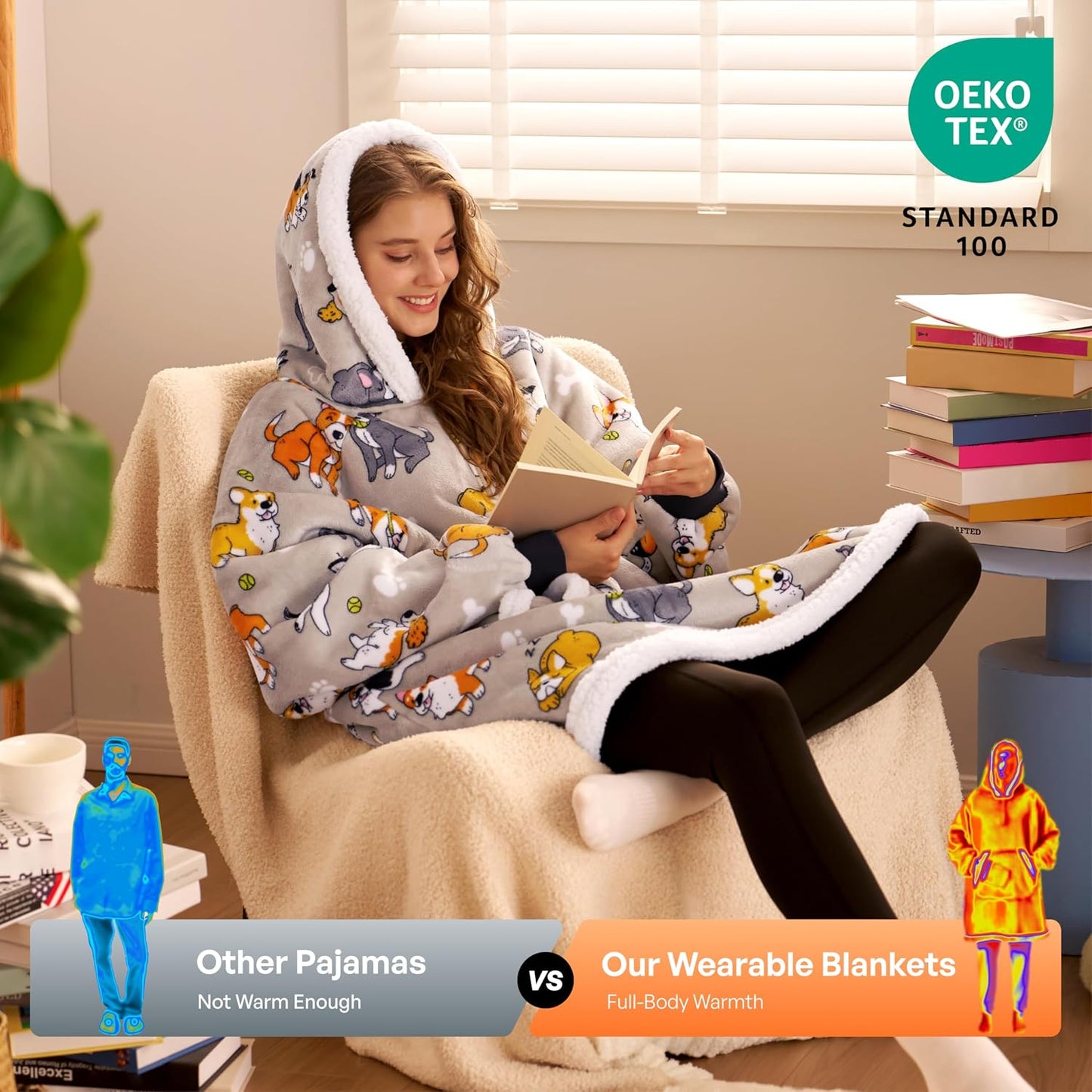 Giggling Getup Wearable Blanket Hoodie for Adults Gifts for Teen Girls Sister Women Sherpa Fleece Printed Hooded Blanket Sweatshirt Warm Cozy with Pocket & Sleeves Beige Cat