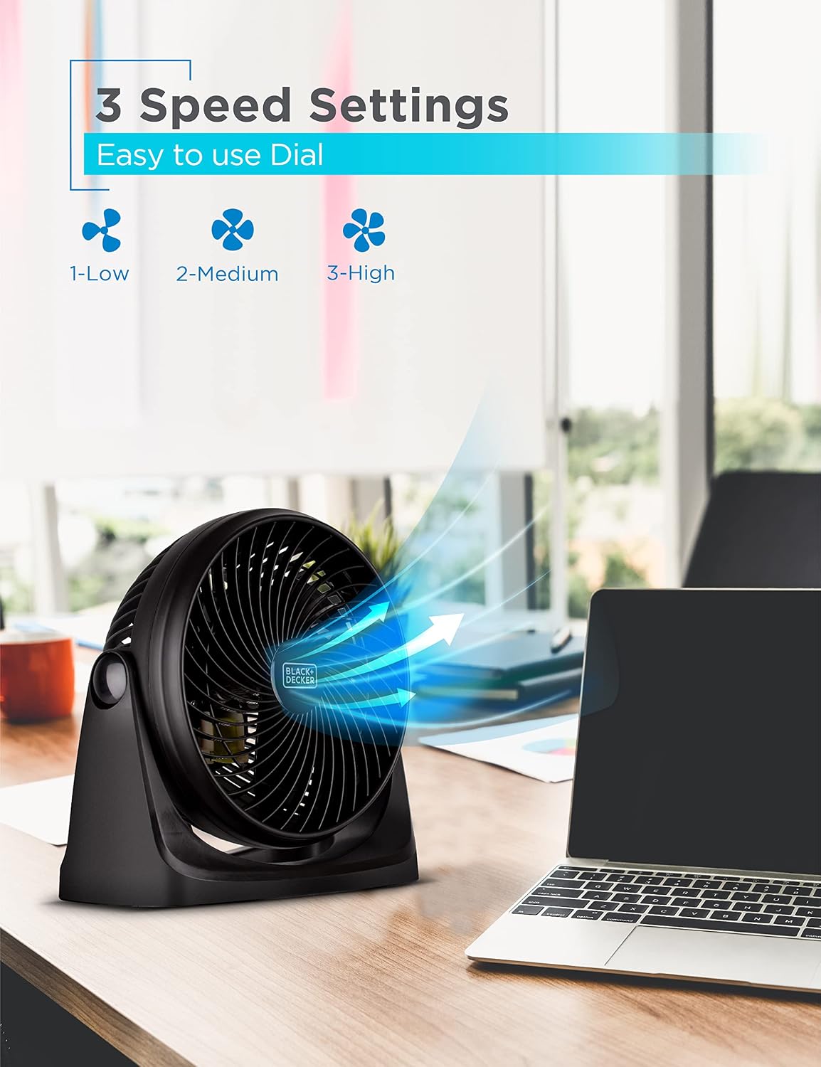 BLACK+DECKER 4" Convertible Cooling Fan, 3-Speed, Type-C USB, 2-Pack, Black