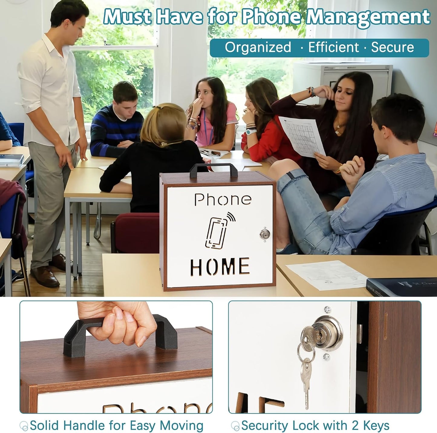 Wooden Phone Lock Box, Cell Phone Locker with 33 Adjustable Dividers | Phone Storage Cabinet with Security Lock & Handle, Desktop Phone Organizer for Classroom, Office & Repair Shops