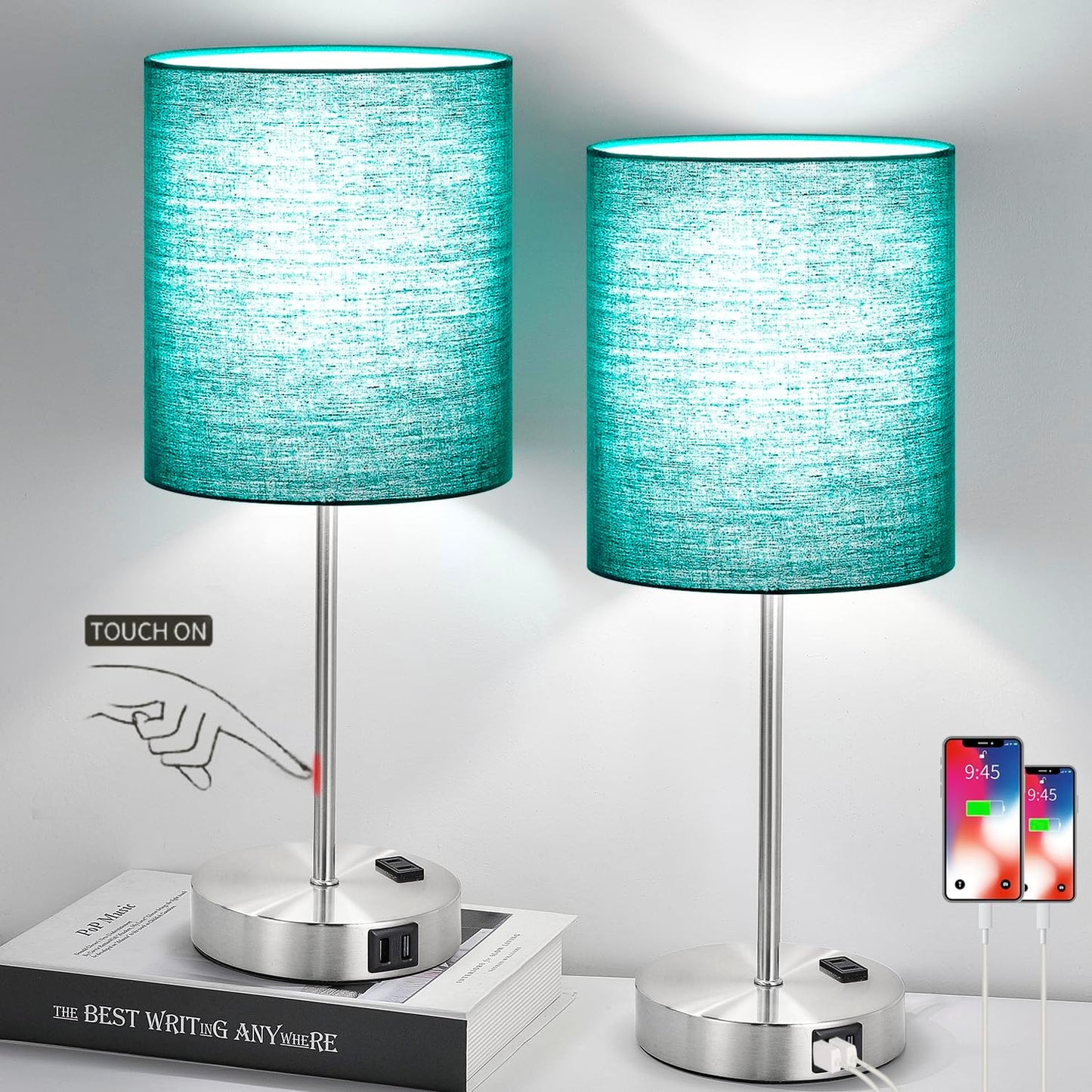 Set of 2 Touch Control Table Lamps with 2 USB & AC Outlet, 3-Way Dimmable Bedside Nightstand Lamps for Bedroom Living Room Nursery, 800 Lumens 5000K Daylight Bulbs Included