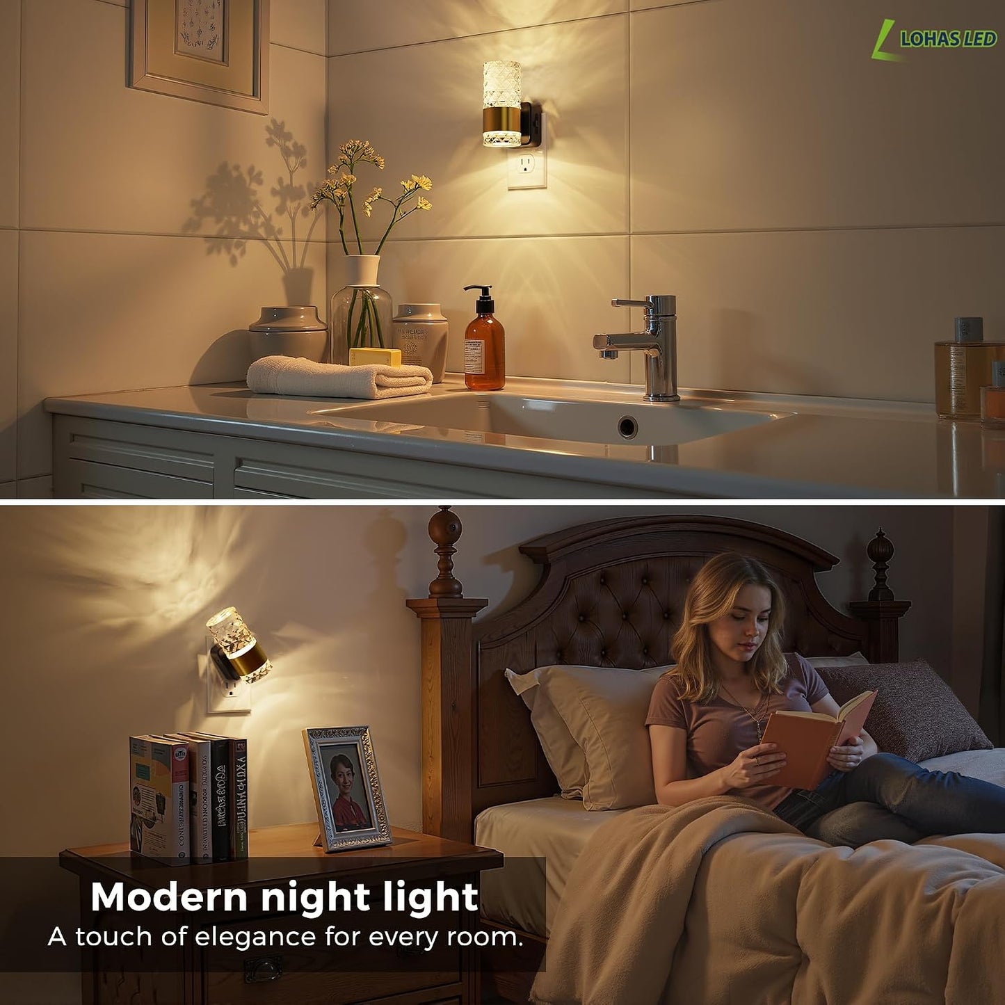 L LOHAS LED Night Lights Plug into wall, Amber Night Light with Adjustable Brightness, Plug in NightLight with Auto Light Sensor, Wall Sconce-Style Design Night Light for Bathroom,Hallway, 2 Pack