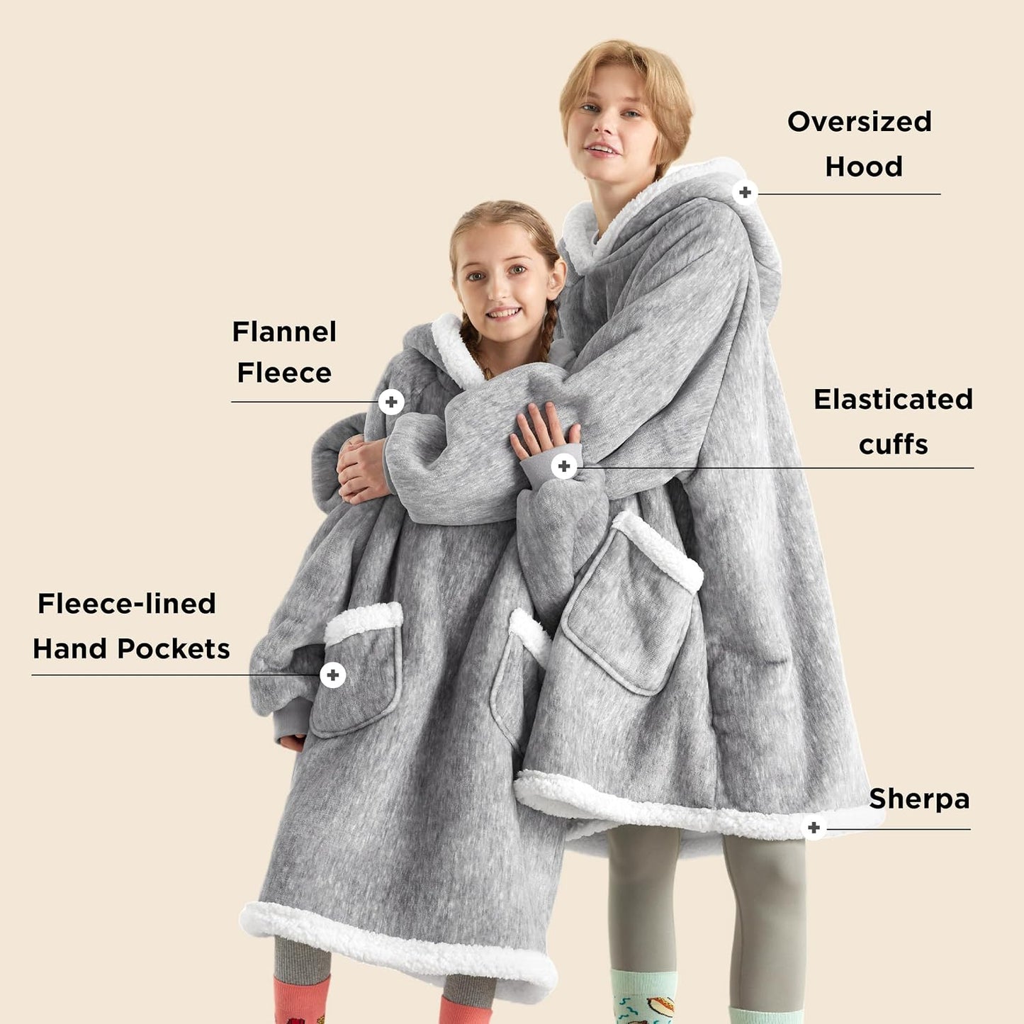 Bedsure Blanket Hoodie, Wearable Blanket Hoodie as Gifts for Mom, Birthday Gifts for Women Kids Teens Mother's Day Sherpa Sweatshirt, Grey, Standard