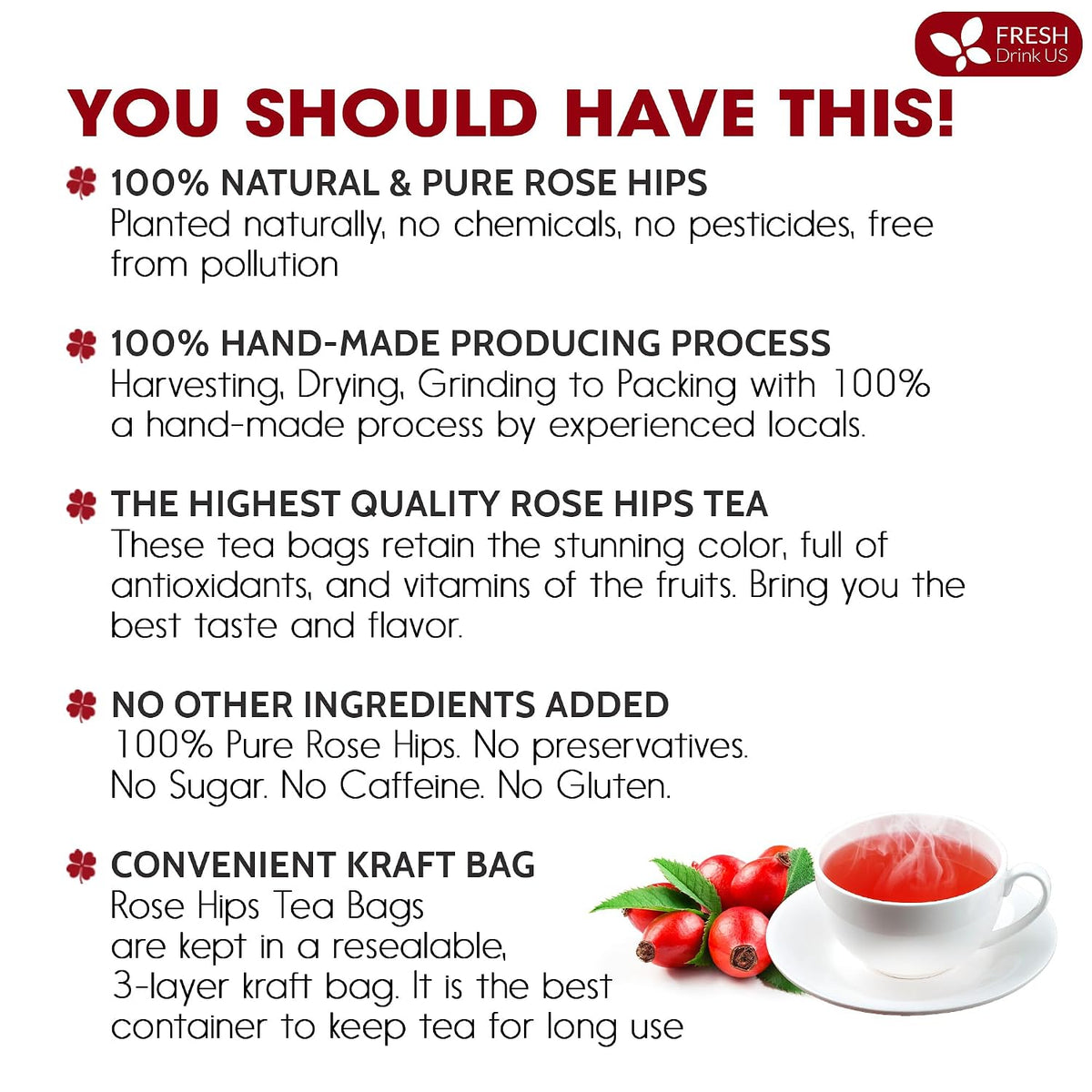 FreshDrinkUS, Premium 75 Rosehip Tea Bags, 100% Natural & Pure. Made with Eco-Conscious Tea Bags. No Sugar, No Caffeine, No Gluten, Vegan.