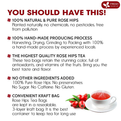 FreshDrinkUS, Premium 75 Rosehip Tea Bags, 100% Natural & Pure. Made with Eco-Conscious Tea Bags. No Sugar, No Caffeine, No Gluten, Vegan.
