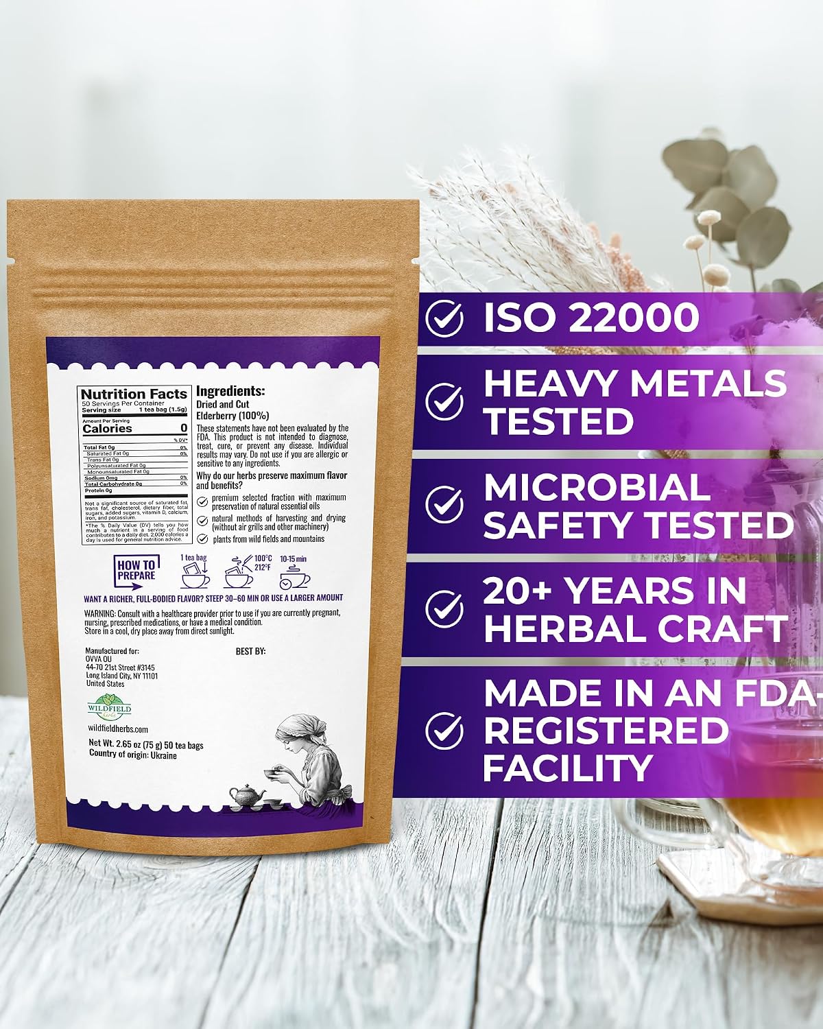 50 Bags Elderberry Fruit Herbal Tea (Sambucus) – 50 Tea Bags 1.5g Elderberry Berry Tea Saúco