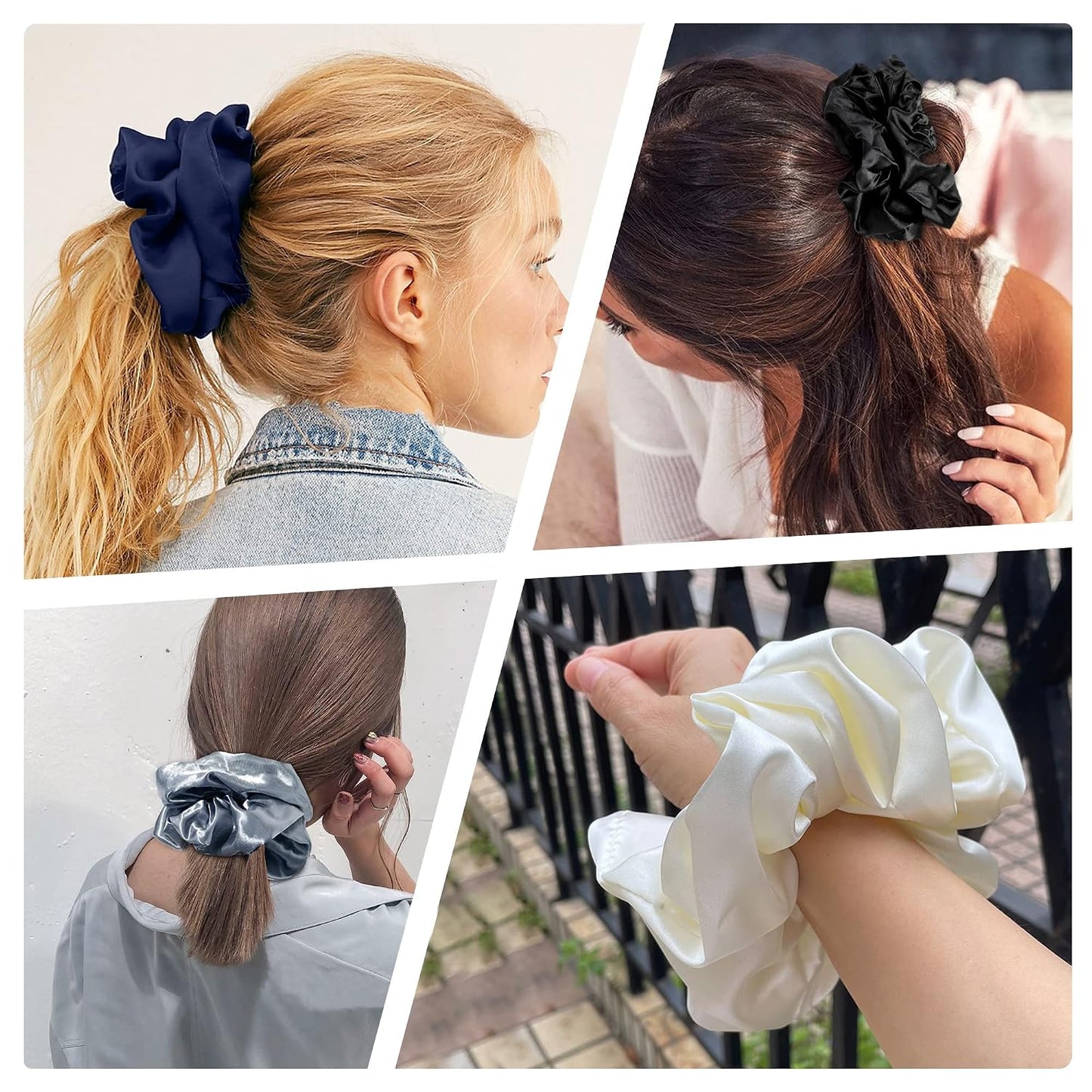 16 Pcs Scrunchies for Women - Black Satin Silk Scrunchies for Girls Hair Ties Elastics Bands Ponytail Holder Hair Accessories