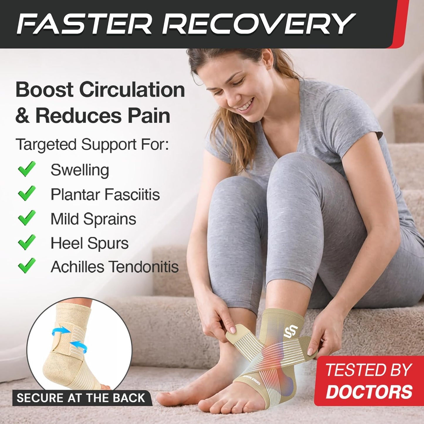 Sleeve Stars Ankle Brace for Women & Men, Ankle Wrap for Sprain, Compression Sleeve for Plantar Fasciitis Relief, Easy Customizable Support: w/ Removable Strap (Single/M:10"-12"/Black)
