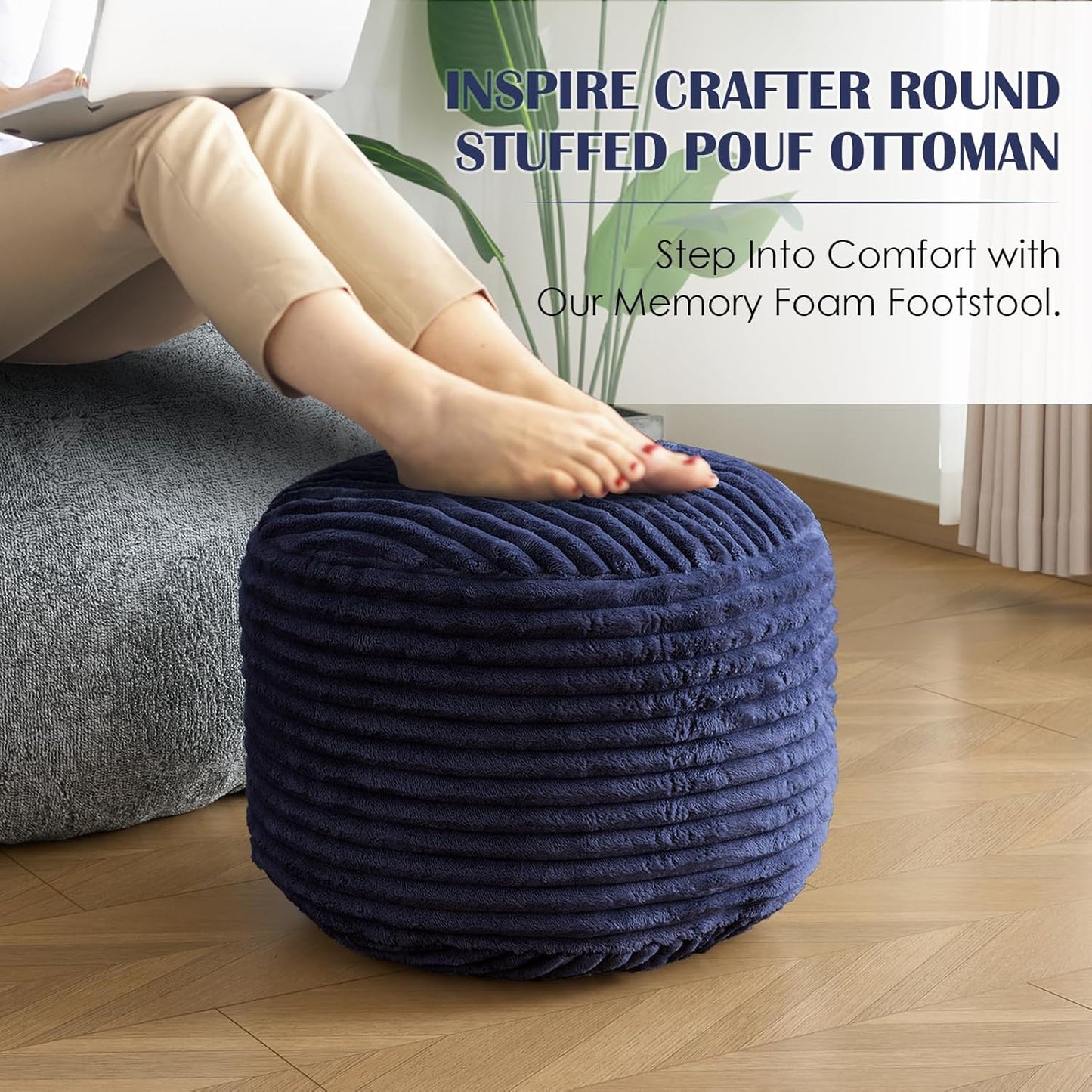 SHOUREN Stuffed Round Ottoman,Corduroy Pouf Ottoman Foot Rest with Foam Filling,Pouf Storage Ottoman Footstool for Living Room,20 X 15 Floor Poufs for Couch,Footrest Only - 20 X 15 Inches,Beige
