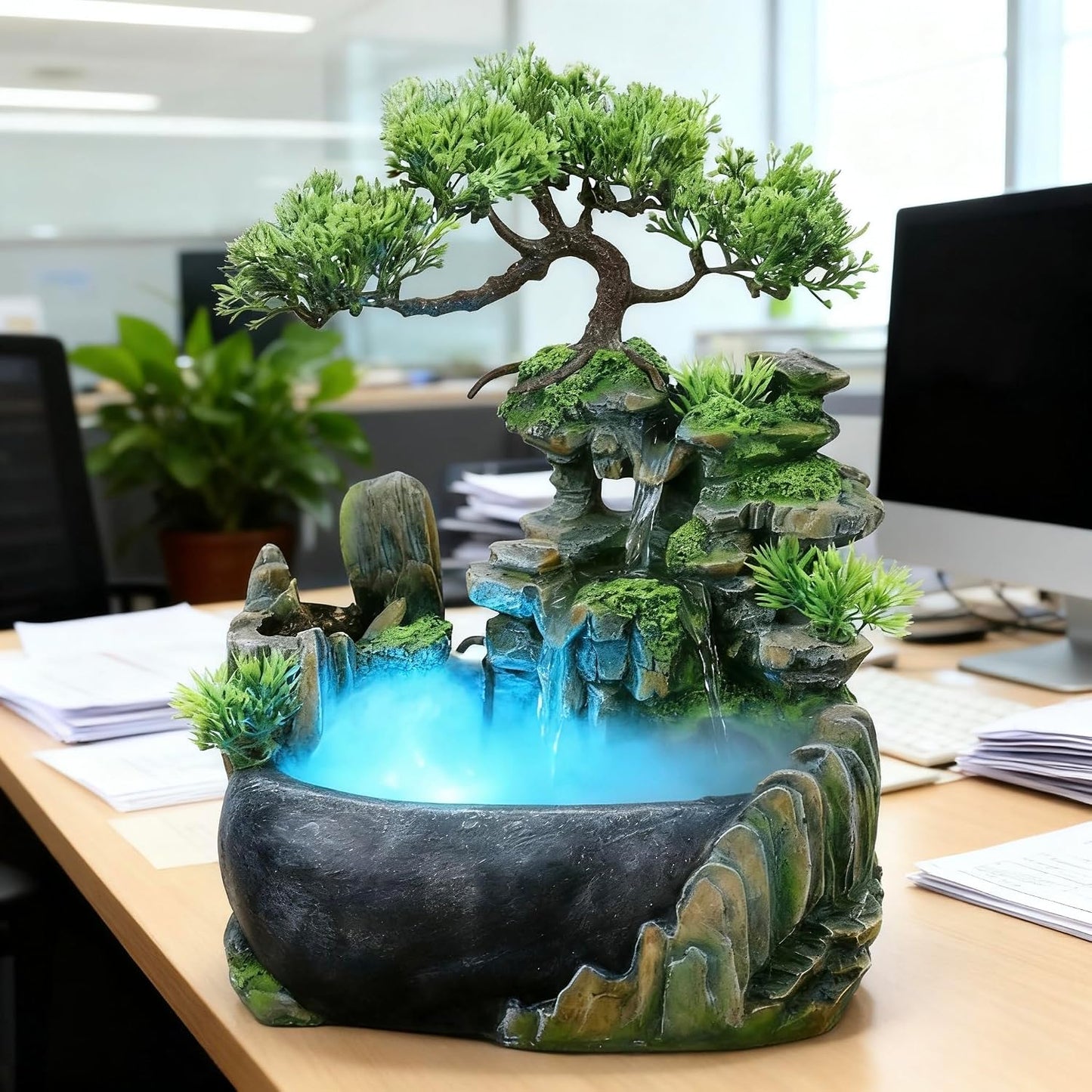 Mini Artificial Bonsai Tree Waterfall Fog Feature Rock Tabletop Fountain | 11in Desktop Decor Waterfall Fountain W/ Water Pump& Atomizer&LED Lights &Fake Tree Office Bedroom Relax