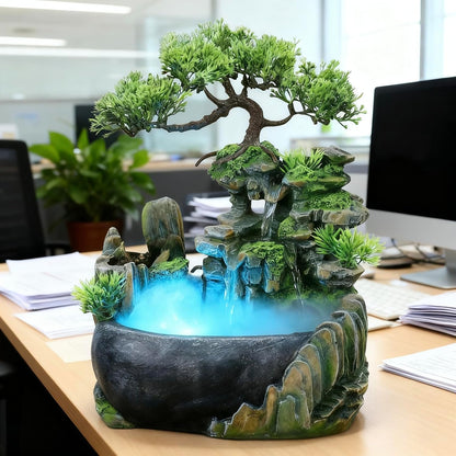 Mini Artificial Bonsai Tree Waterfall Fog Feature Rock Tabletop Fountain | 11in Desktop Decor Waterfall Fountain W/ Water Pump& Atomizer&LED Lights &Fake Tree Office Bedroom Relax