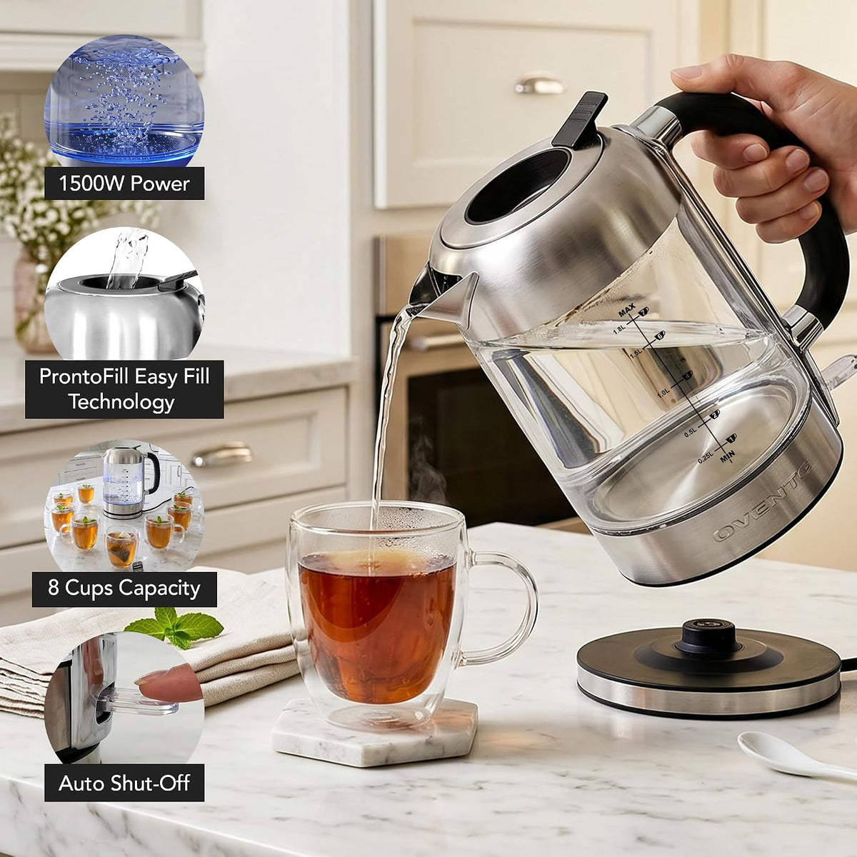 OVENTE 1.8L Glass Electric Kettle Water Boiler, Silver KG751S