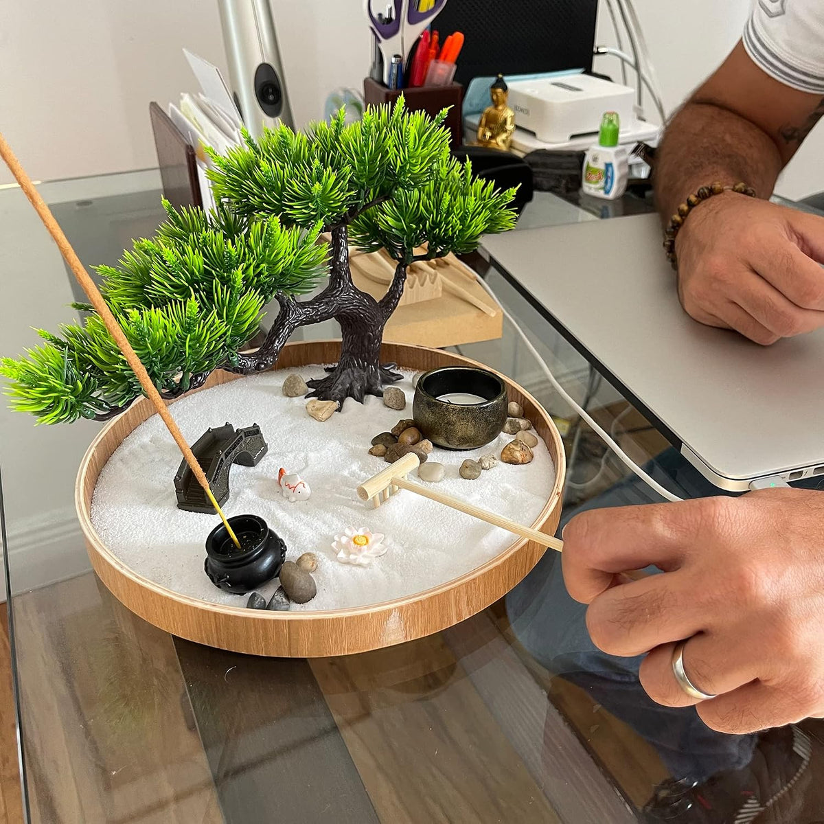 Timani Japanese Zen Garden for Desk - Zen Garden Sand Kit, Artificial Bonsai Tree, Rakes & Accessories - Japanese Decor Office Home Desktop Relaxation Sandbox Decor. 9.5" Inches Wooden Round Tray