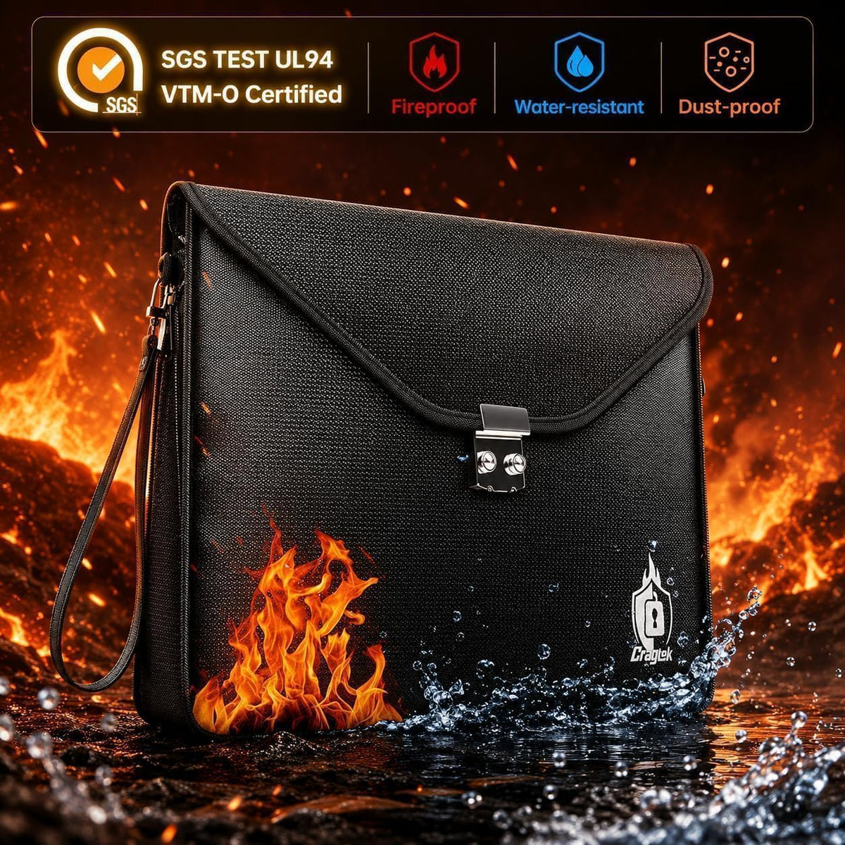 6400°F Fireproof Document Bag with Lock, UL94 VTM-1 Certified